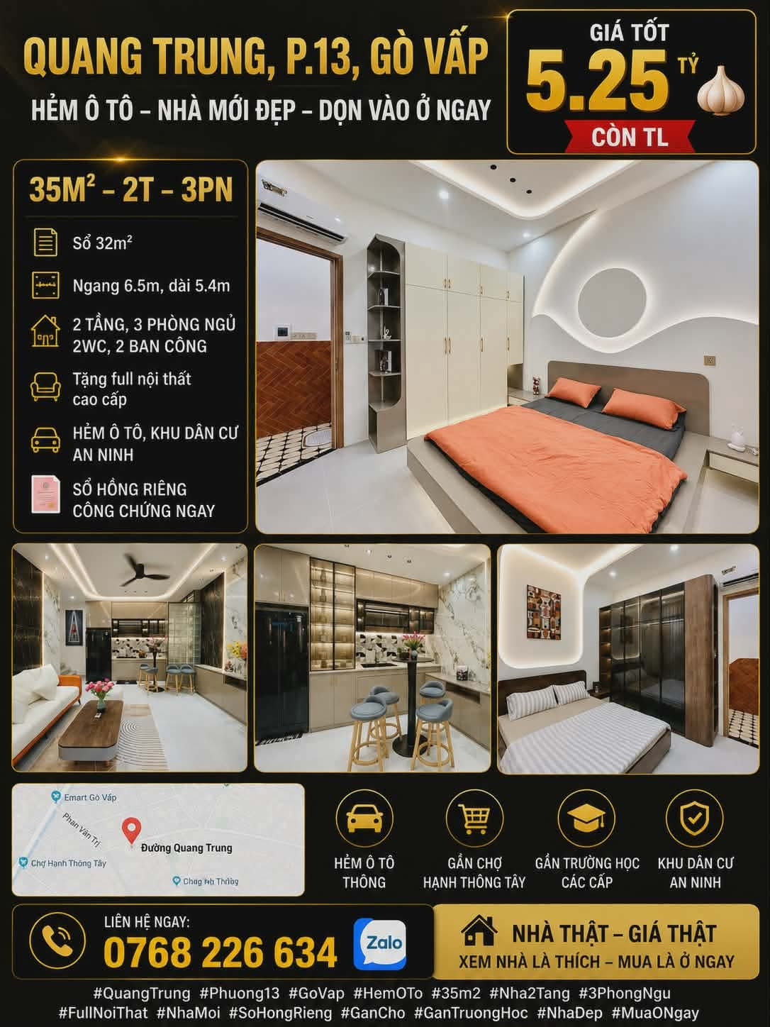 QUANG TRUNG, PHƯỜNG 13, GÒ VẤP. HẺM Ô TÔ. 35M². 2T. 3PN. 💰 5.25 🧄 CÒN TL. 📱 0768 226 634