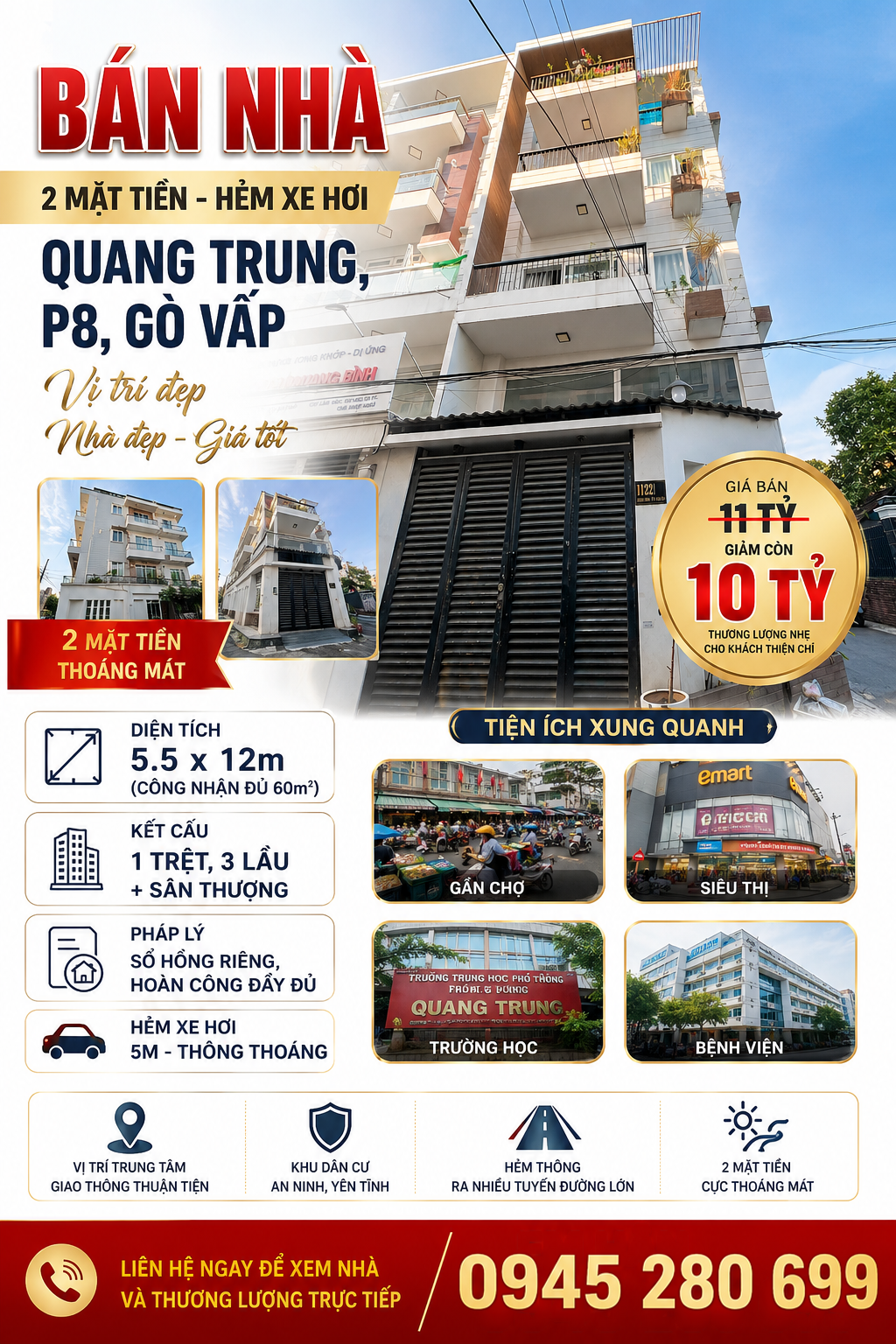 CẦN BÁN GẤP 2MT HXH QUANG TRUNG P8 5.5x12M~67M2, 4 TẦNG ST, VỊ TRÍ CỰC ĐẸP, GIẢM CÒN 10 TỶ TL