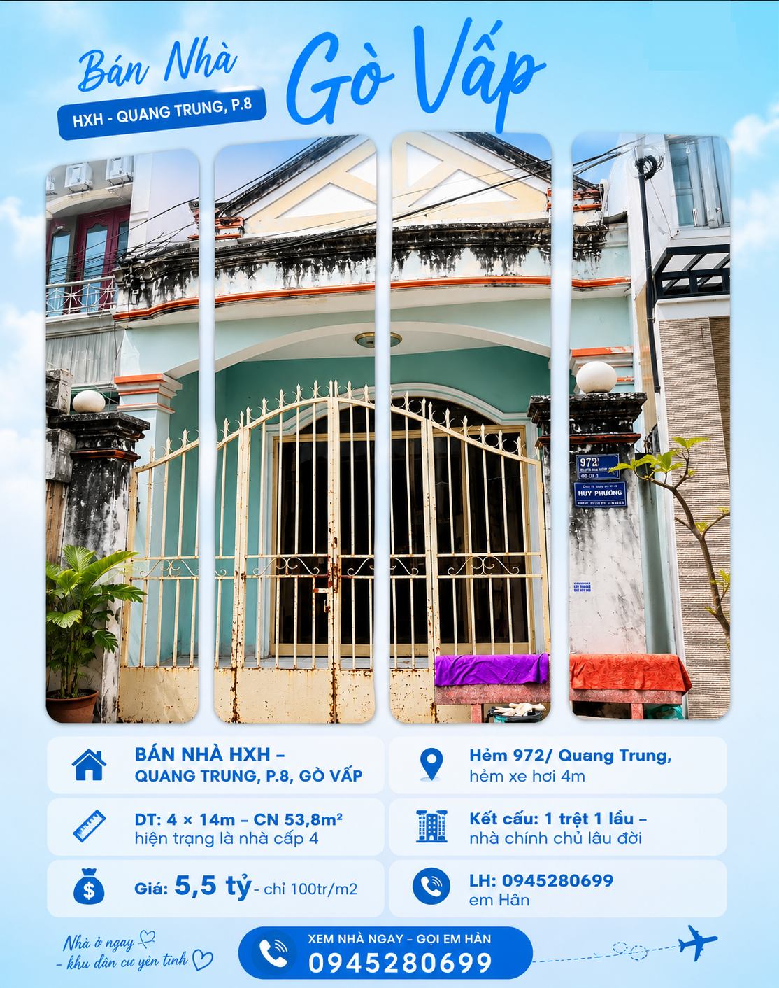 HXH 972/ QUANG TRUNG P8 4x14 CN 54M² SỔ VUÔNG VỨC KHÔNG LỖI PHONG THỦY CHỈ 100TR/M2, GIÁ 5.5 TỶ TL