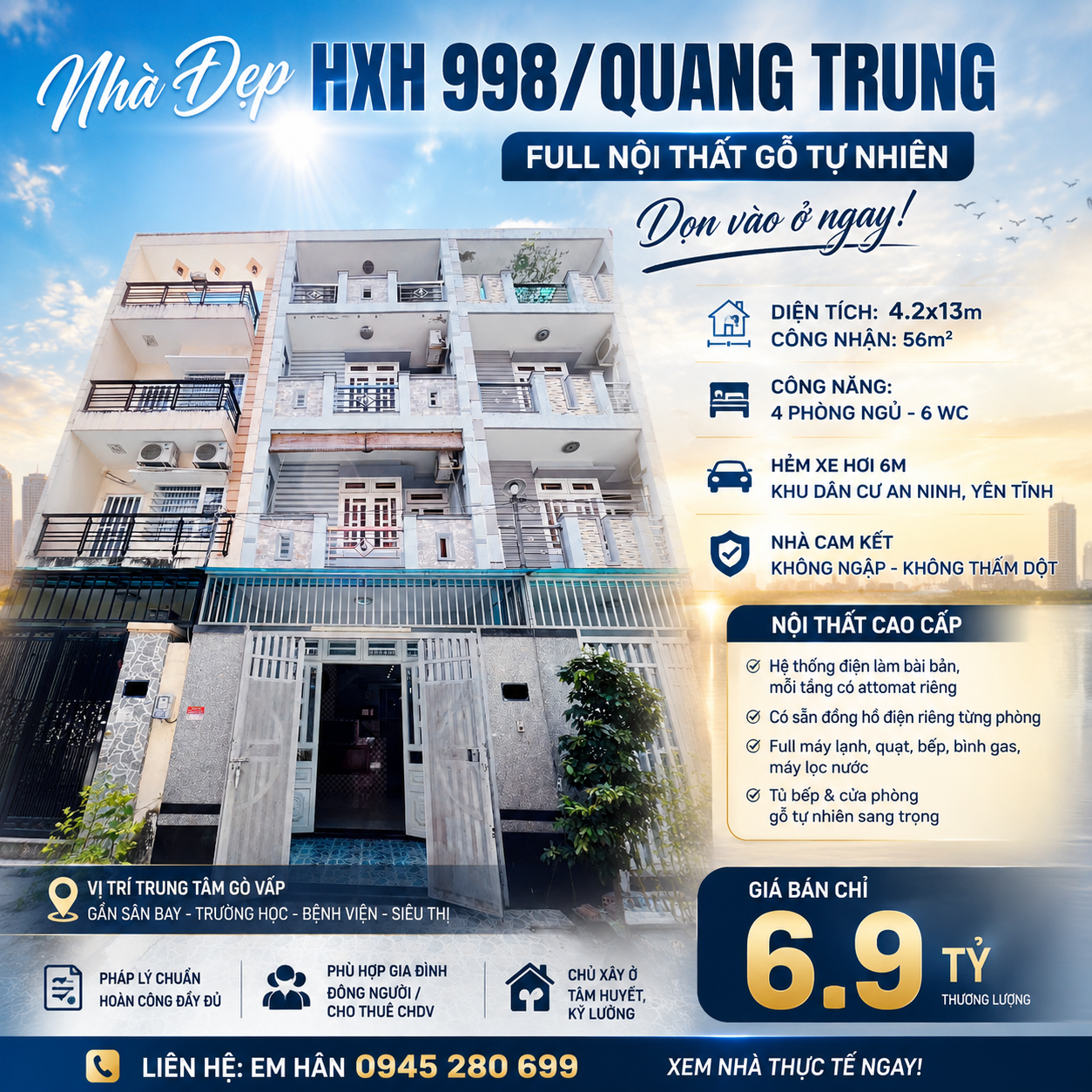 BÁN NHÀ HXH 998 QUANG TRUNG, P8 4L FULL NT 4,2X12,8M CN 56M2, KHU ĐỒNG BỘ CAO LẦU AN NINH, CHỈ 6,9 TỶ TL.