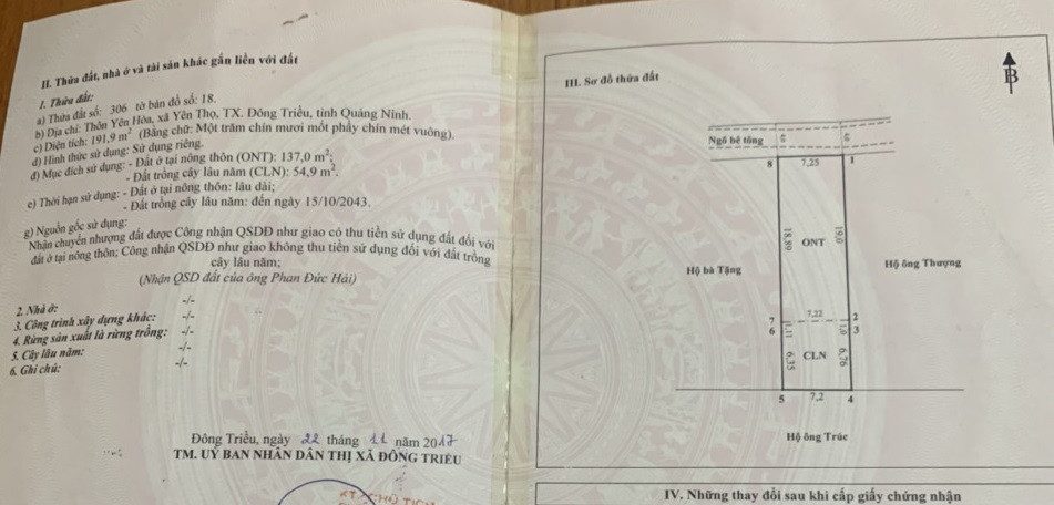 Cần bán 191.9m2 đất Yên Thọ, Đông Triều, Quảng Ninh