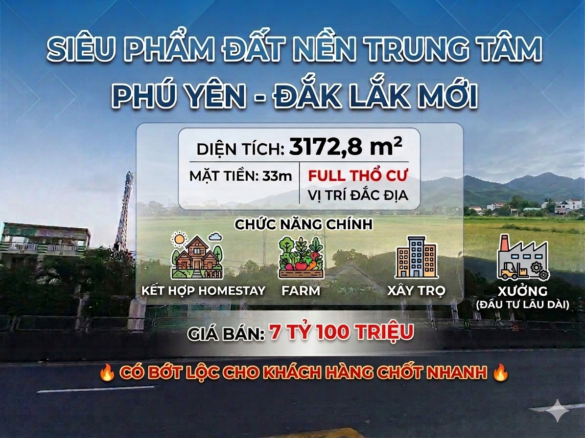 Bán Đất 3172m² thổ cư 180m² giá 7.2 tỷ tại Đường Quốc lộ 1A Thị trấn Chí Thạnh Huyện Tuy An Phú Yên