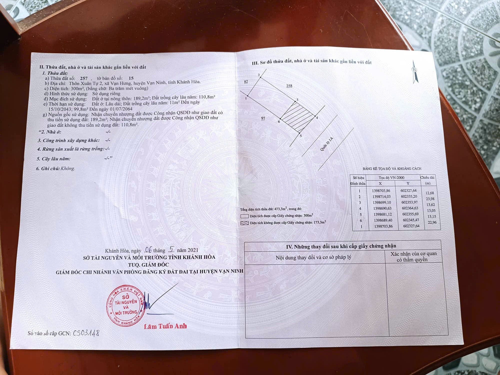 Chỉ 2 tỷ 8.Bán đất mặt tiền QL1A, mặt tiền 13m. Dt 300m2. Khu kinh tế vân phong,Thôn xuân tự 2, vạn hưng, vạn ninh, khánh hòa.