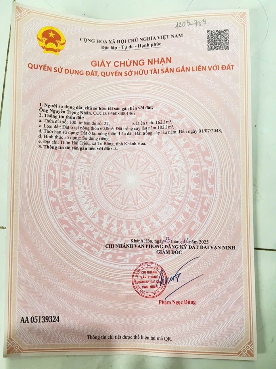 Bán nhanh lô đất thôn hải triều tu bông vạn ninh