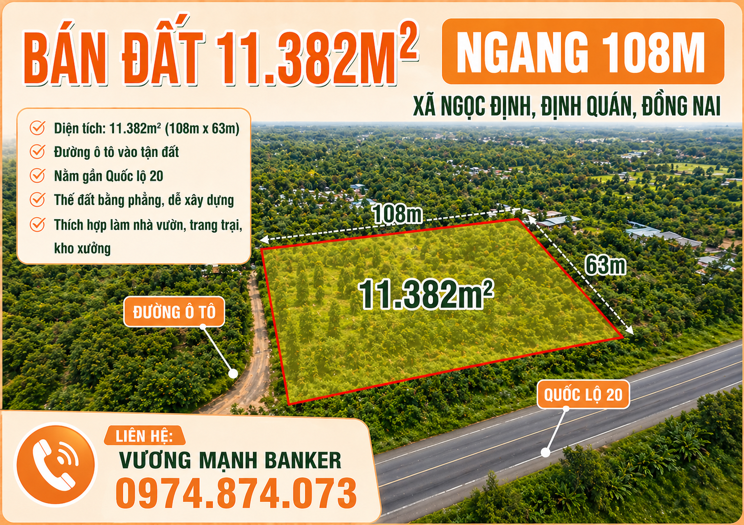 BÁN ĐẤT 11.382M², NGANG 108M, ĐỊNH QUÁN, ĐỒNG NAI