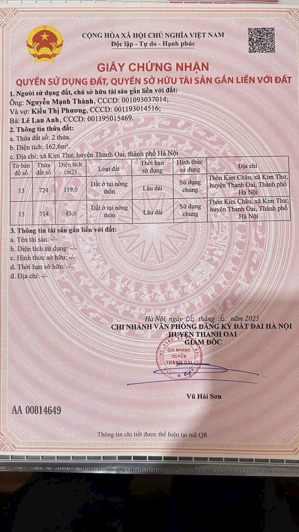 Bán lô đất thổ cư Kim Châu, Kim Thư, Thanh Oai, Hà Nội . Otô vào nhà, DT 43,6 lô góc mặt tiền 5,2m và 6,6m. cách đường quốc lộ 21B 500m. vị trí đẹp hàng xóm của Vin, giá đầu tư. LH: 0912123030; 0902123030 để đc tư vấn giá tốt