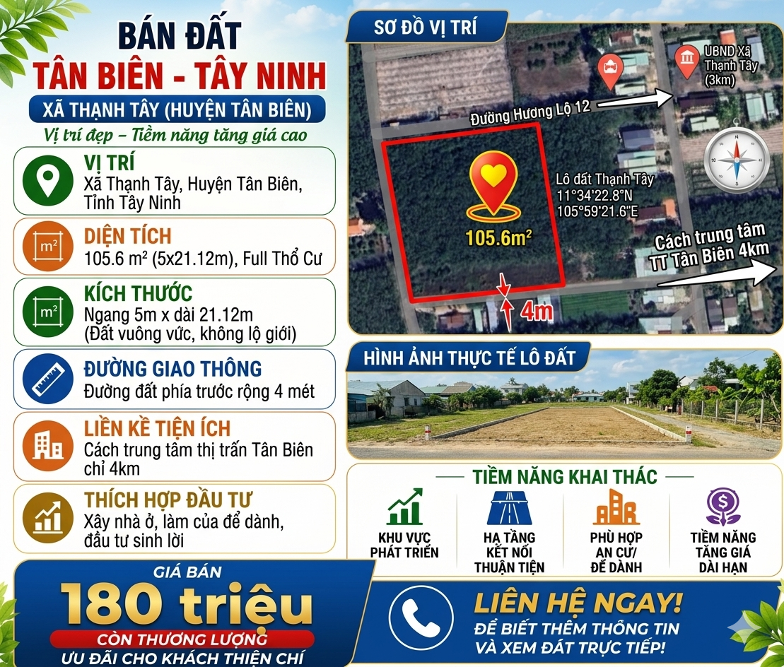 Bán đất 5mx21.12m, diện tích 105.6m2 full thổ cư tại huyện Tân Biên , Tây Ninh.