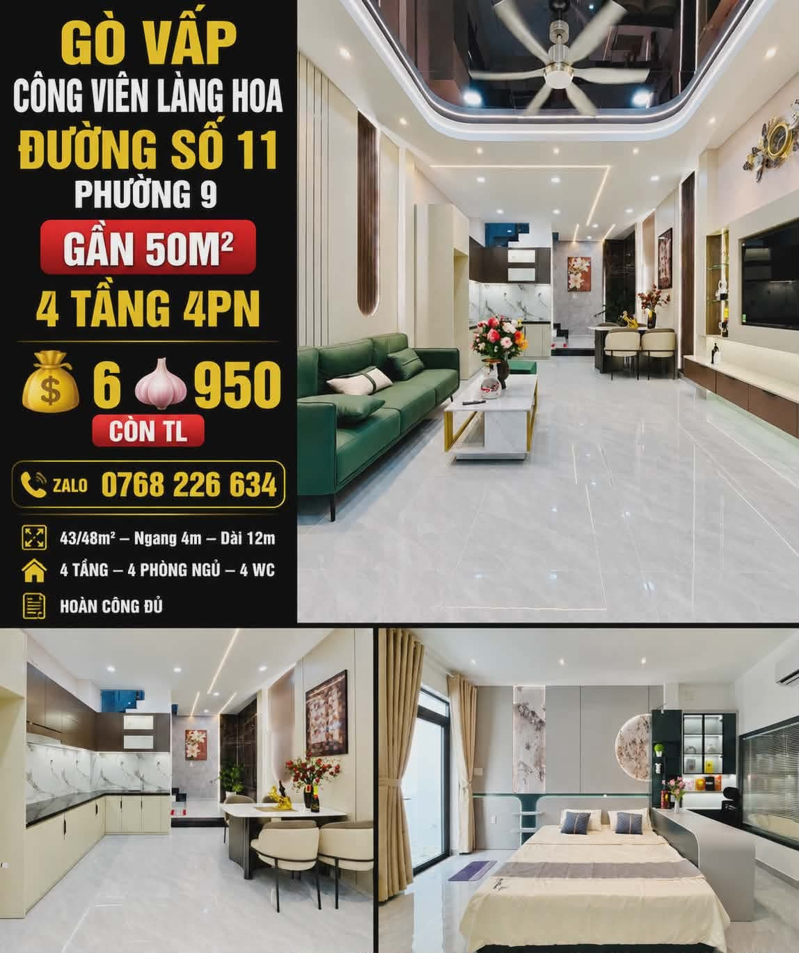 🍀 GẦN CÔNG VIÊN LÀNG HOA • ĐƯỜNG SỐ 11 • PHƯỜNG 9 GÒ VẤP • GẦN 50M² • 4 TẦNG 4PN • 💰 6 🧄 950 • 📱 0768 226 634