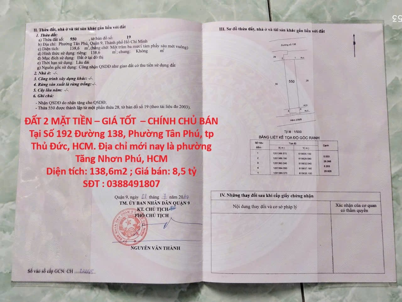 ĐẤT 2 MẶT TIỀN – GIÁ TỐT  – CHÍNH CHỦ BÁN Tại Số 192 Đường 138, Phường Tân Phú, tp Thủ Đức, HCM