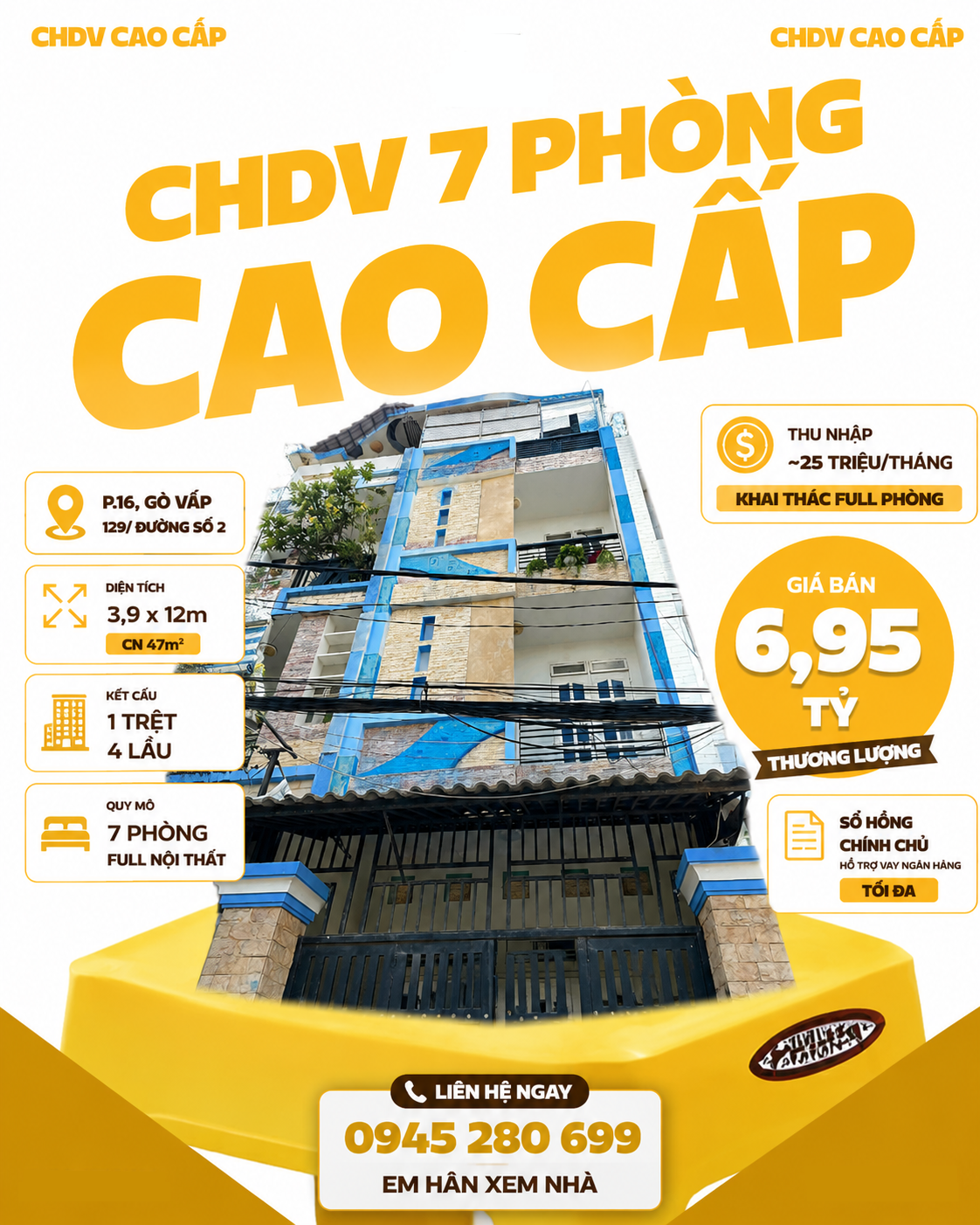 Bán CHDV 7PN Full NT Lê Đức Thọ P16 3.9x12 CN47m² 5L TN 25tr/th giá chỉ 6.75 tỷ TL