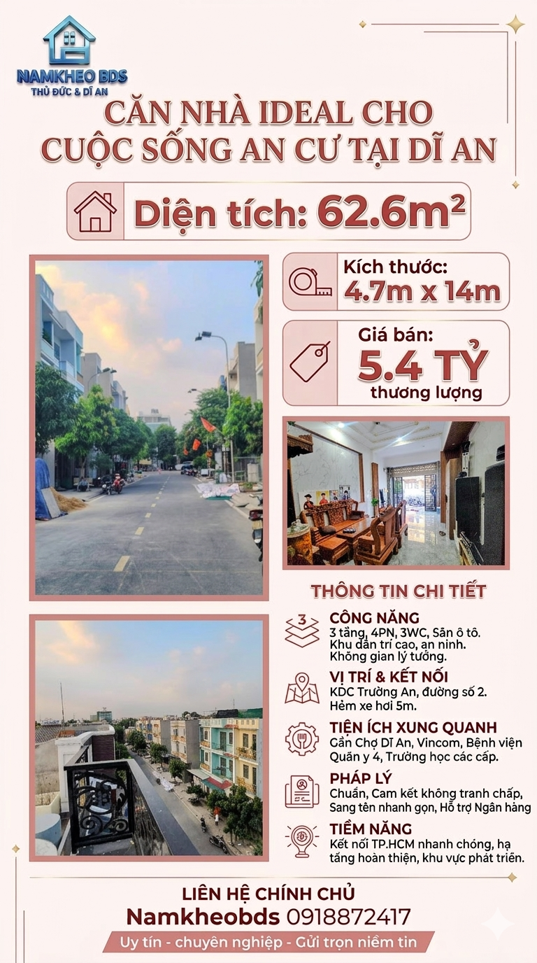KDC TRƯỜNG AN DĨ AN - KHÔNG GIAN SỐNG LÝ TƯỞNG GIA ĐÌNH ĐA THẾ HỆ 3 TẦNG 4PN 3WC - 63M2 - GIÁ 5.4 TỶ