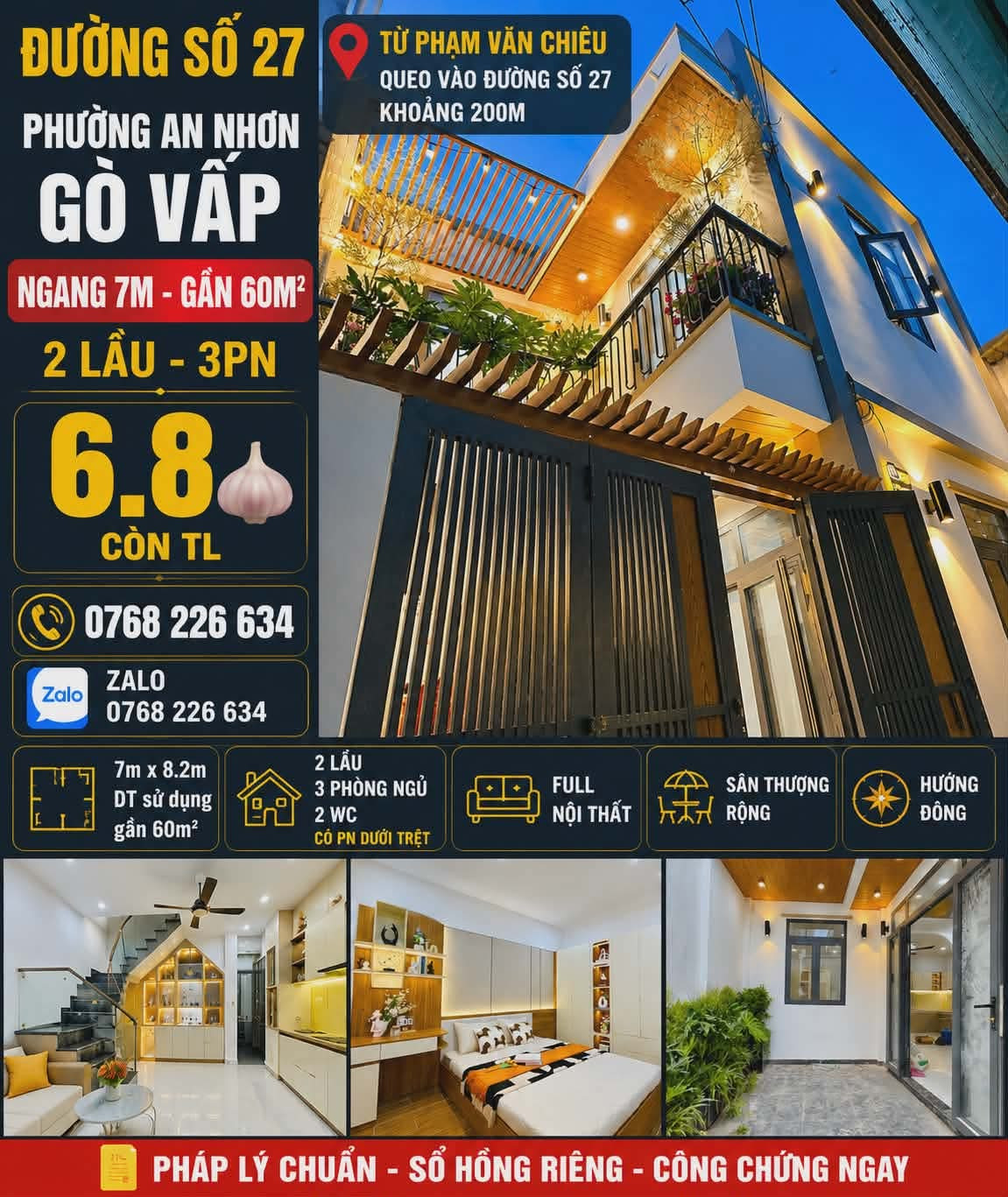 ĐƯỜNG SỐ 27 PHƯỜNG AN NHƠN GÒ VẤP NGANG 7M GẦN 60M² 2 LẦU 3PN 💰6.8🧄 📱0768 226 634