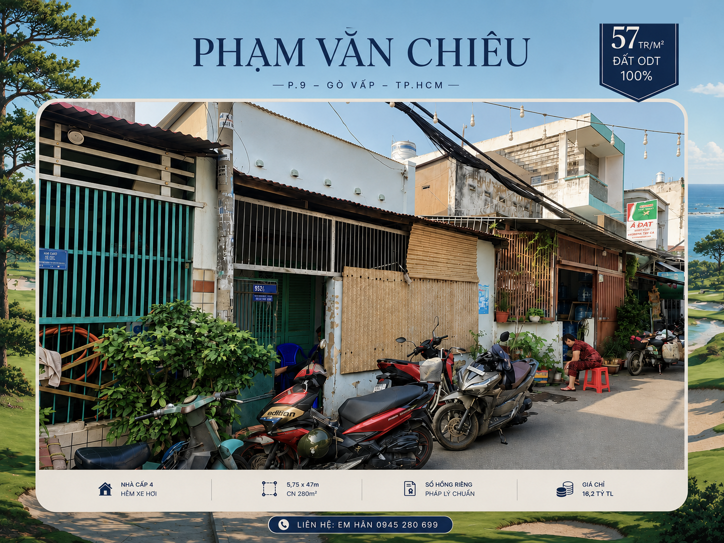 57tr/m2 đất ODT 100% nhà c4 HXH 252 Phạm Văn Chiêu P9 5,75x47m CN 280m2 giá 16,2 tỷ tl