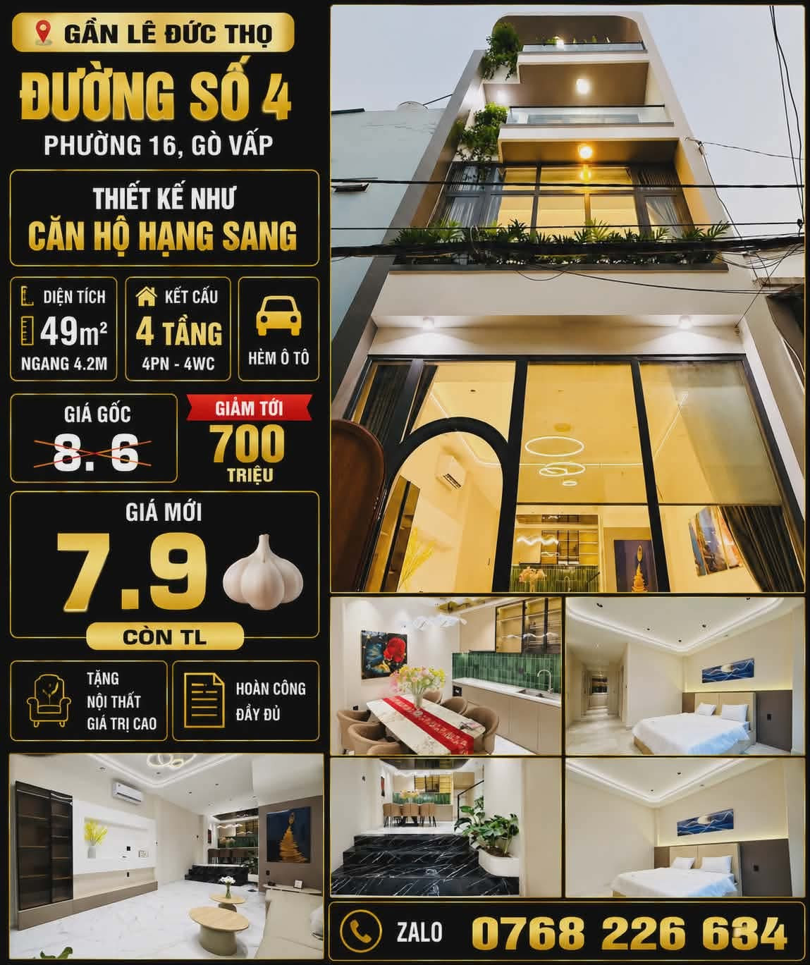 GẦN LÊ ĐỨC THỌ, ĐƯỜNG SỐ 4, PHƯỜNG 16, 49M², 4 TẦNG, 4PN, THIẾT KẾ NHƯ CĂN HỘ HẠNG SANG, 💰7.9🧄 📱0768 226 634