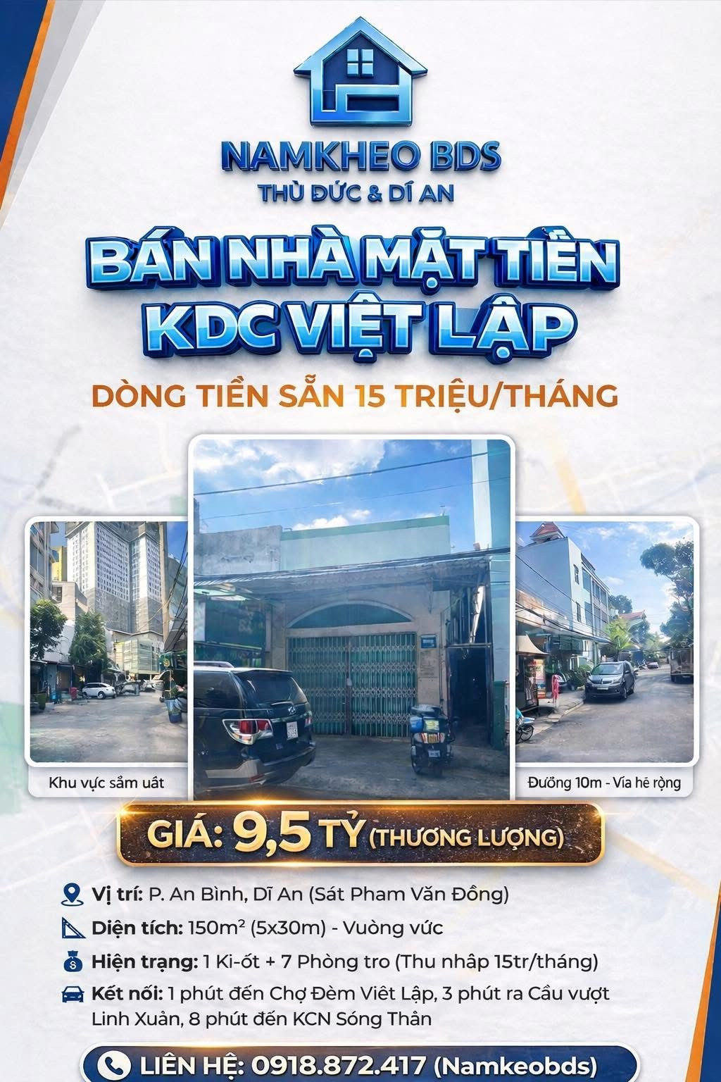 MẶT TIỀN KINH DOANH 150M2 FULL THỔ - KDC VIỆT LẬP AN BÌNH DĨ AN