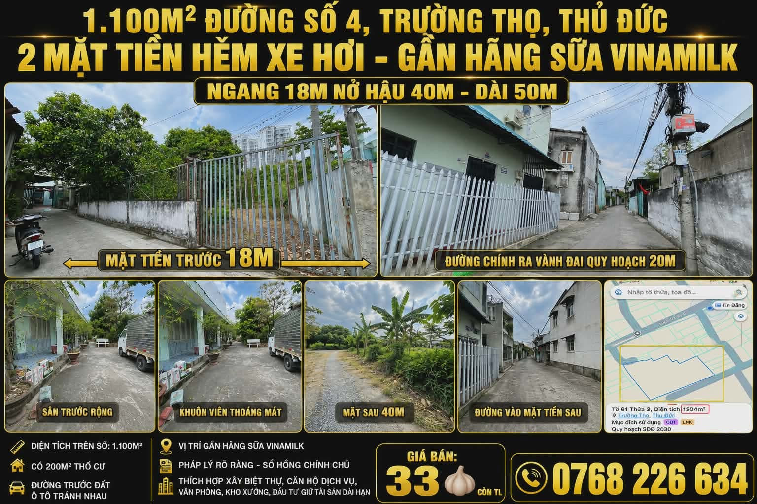 1.100M² ĐƯỜNG SỐ 4, TRƯỜNG THỌ, THỦ ĐỨC. 2 MẶT TIỀN HXH. GẦN HÃNG SỮA VINAMILK. NGANG 18M NỞ HẬU 40M. 💰33🧄 CÒN TL. 📱0768 226 634