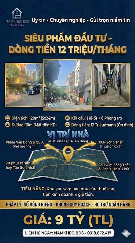 KHU DÂN CƯ VIỆT LẬP , AN BÌNH DĨ AN SIÊU PHẨM KINH DOANH VÀ ĐẦU TƯ DÒNG TIỀN 120M2 9 TỶ