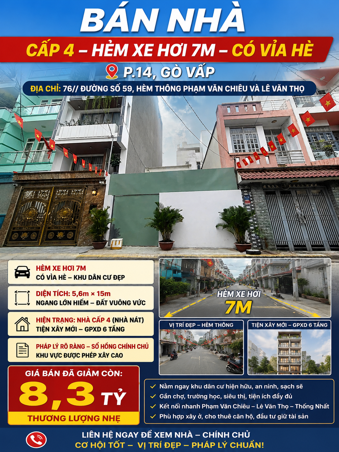 5,6mx16m vuông vức, hxh 76 Đ.S 59 P.V.Chiêu, lg 6m xây 6 tầng, khu dân trí hẻm thông, 8,3 tỷ
