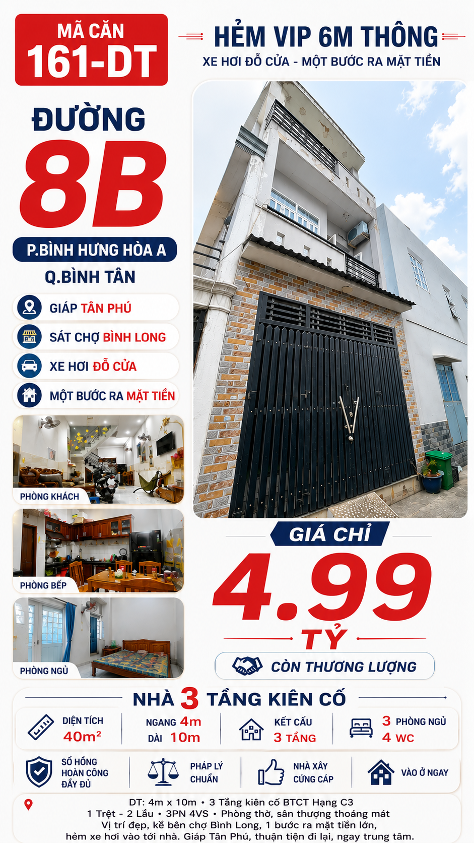 Nhà 40m2 - HXH thông – 3 TẦNG – SÁT CHỢ BÌNH LONG – GIÁ CHỈ HƠN 4 TỶ