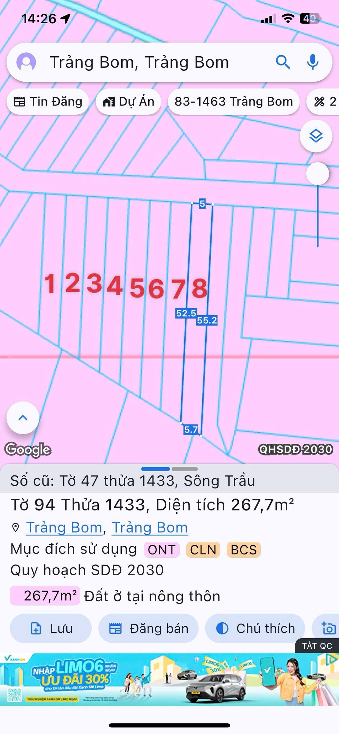 Bbán 8 lô mặt tiền đường nhựa ngay ấp 1 Sông Trầu sát đường Nguyễn Hoàng.và khu công nghiệp bàu xéo.
Dt : 5x33; 5x52 thổ cư 100%
Đường nhựa thông tứ hướng,khu dân cư ,nhà trọ kín mít..đầy đủ tiện ích trong bán kính 500m.ra trung tâm hành chính chỉ 3p
_