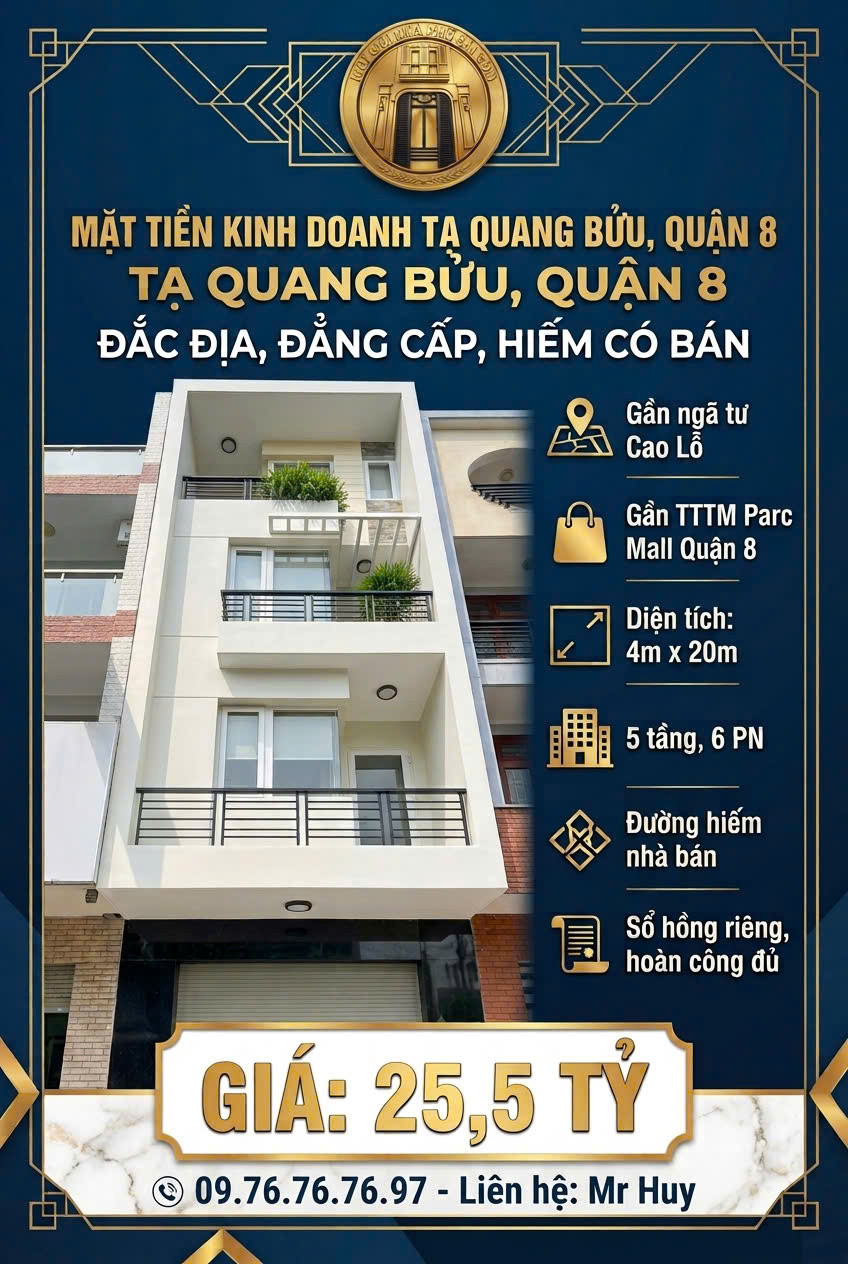 MẶT TIỀN KD TẠ QUANG BỬU, SÁT NGÃ TƯ CAO LỖ, GẦN TTTM PARC MALL QUẬN 8, SHR, HOÀN CÔNG ĐỦ.