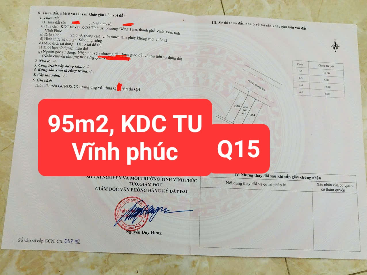 Bán đất KDC Tỉnh Ủy, Đồng Tâm, Vĩnh Yên, Vĩnh Phúc