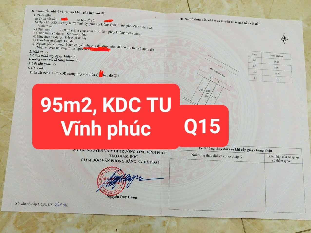 Bán lô Q15, KDC TU, Đồng tâm, Vĩnh yên, Vĩnh phúc cũ