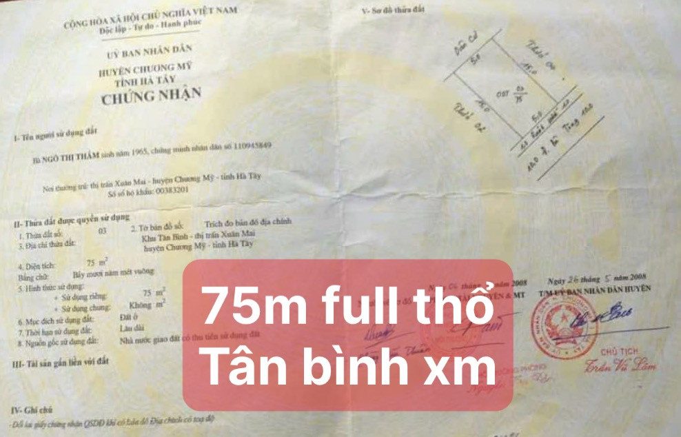 Bán đất 75.9m² có sẵn 75m² thổ cư ngang 5m giá 3.2 tỷ tại Đường Tân Bình Xã Xuân Mai