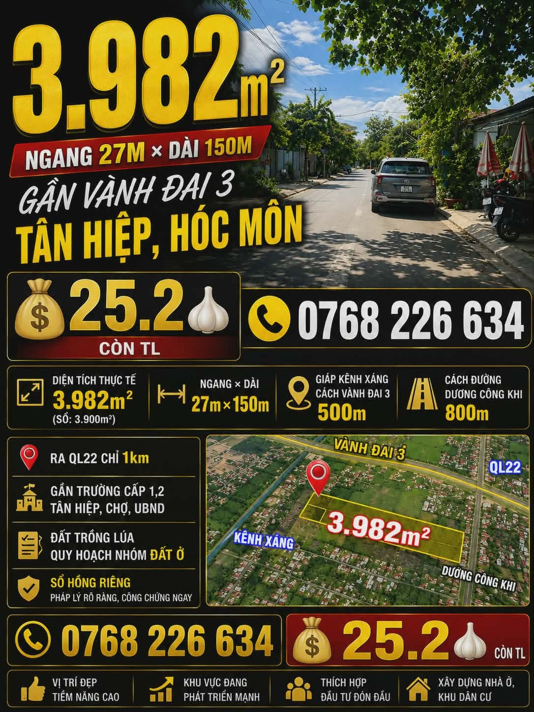 🏡 GẦN VÀNH ĐAI 3. TÂN HIỆP, HÓC MÔN. ĐẤT DIỆN TÍCH LỚN. 💰25.2🧄 CÒN TL. 📱0768 226 634