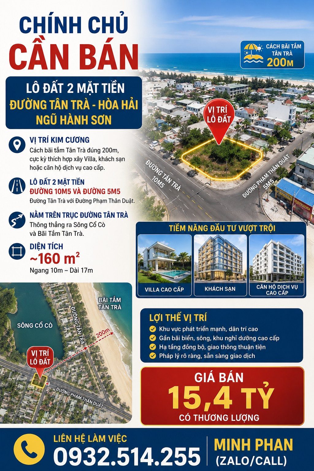 Lô Đất 2 Mặt Tiền Vip Khu Tân Trà - Đương 10m5 - 160m2 - Giá chỉ nhỉnh 15 tỷ -Ngũ Hành Sơn.