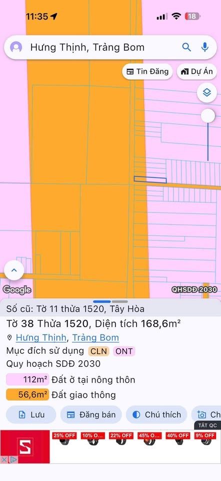 Bán đất 168.6m² có sẵn 168m² thổ cư ngang 5m giá 1.35 tỷ tại Đường Tây Hòa 7 Xã Hưng Thịnh