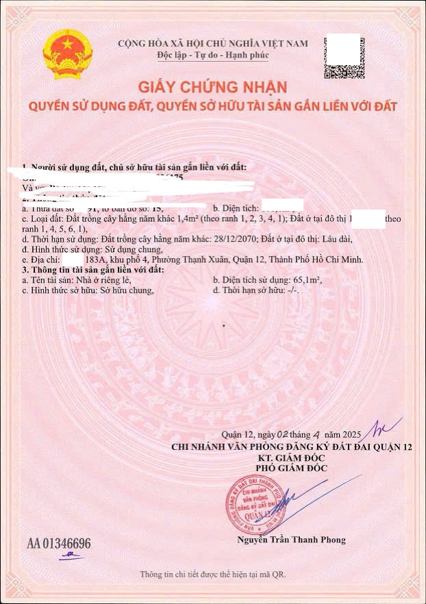 Bán thửa 1091 tờ 15 , P.Thạnh Xuân, Quận 12 - 183A Khu phố 4, Phường Thạnh Xuân, Quận 12