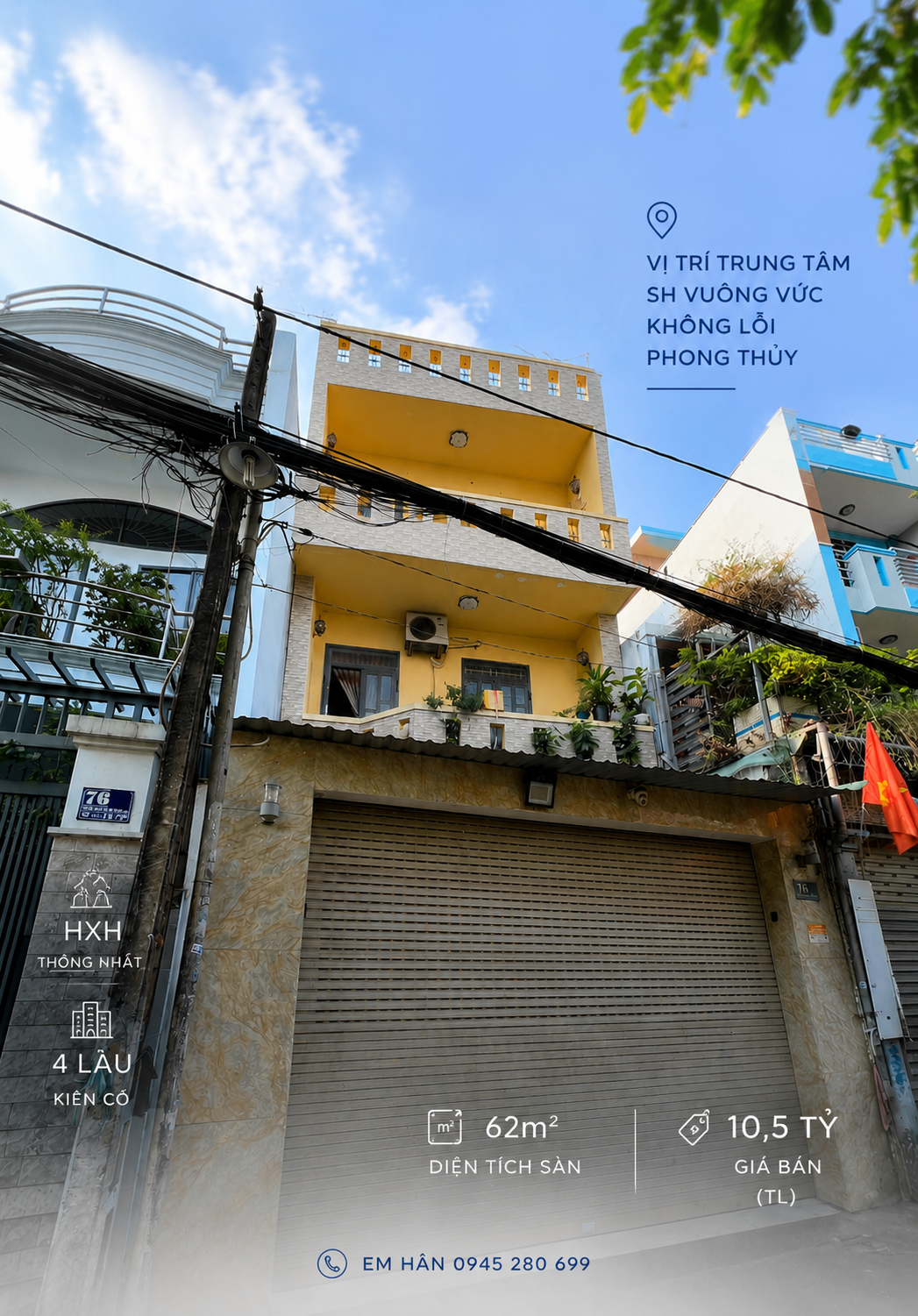 VỊ TRÍ TRUNG TÂM SH VUÔNG VỨC K LỖI PHONG THỦY HXH 76 THỐNG NHẤT P10 5X17 62M2 GIÁ 10,5 TỶ TL