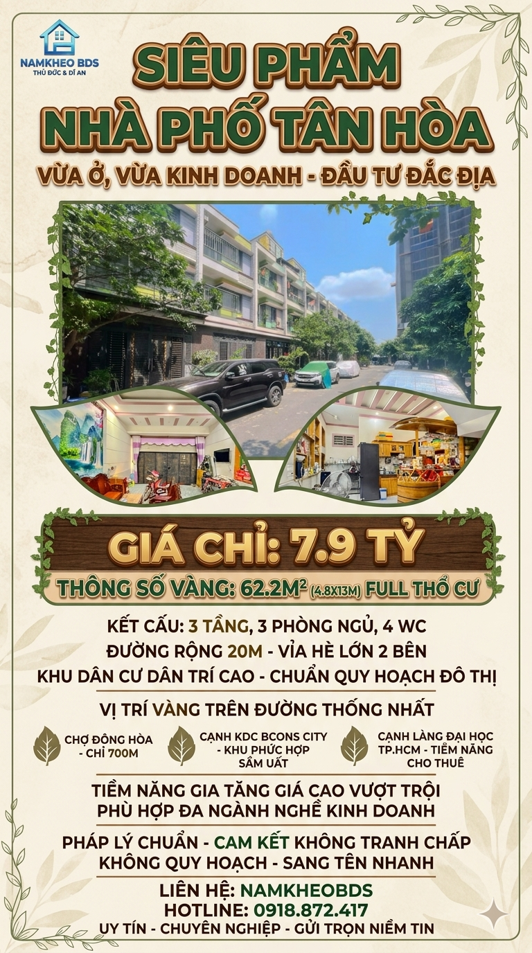 NÂNG TẦM CUỘC SỐNG- CỰC PHẨM KDC TÂN HOÀ ĐÔNG HOÀ DĨ AN - HOÀN CÔNG, 62.2M2 3TẦNG 3PN 7.9TỶ