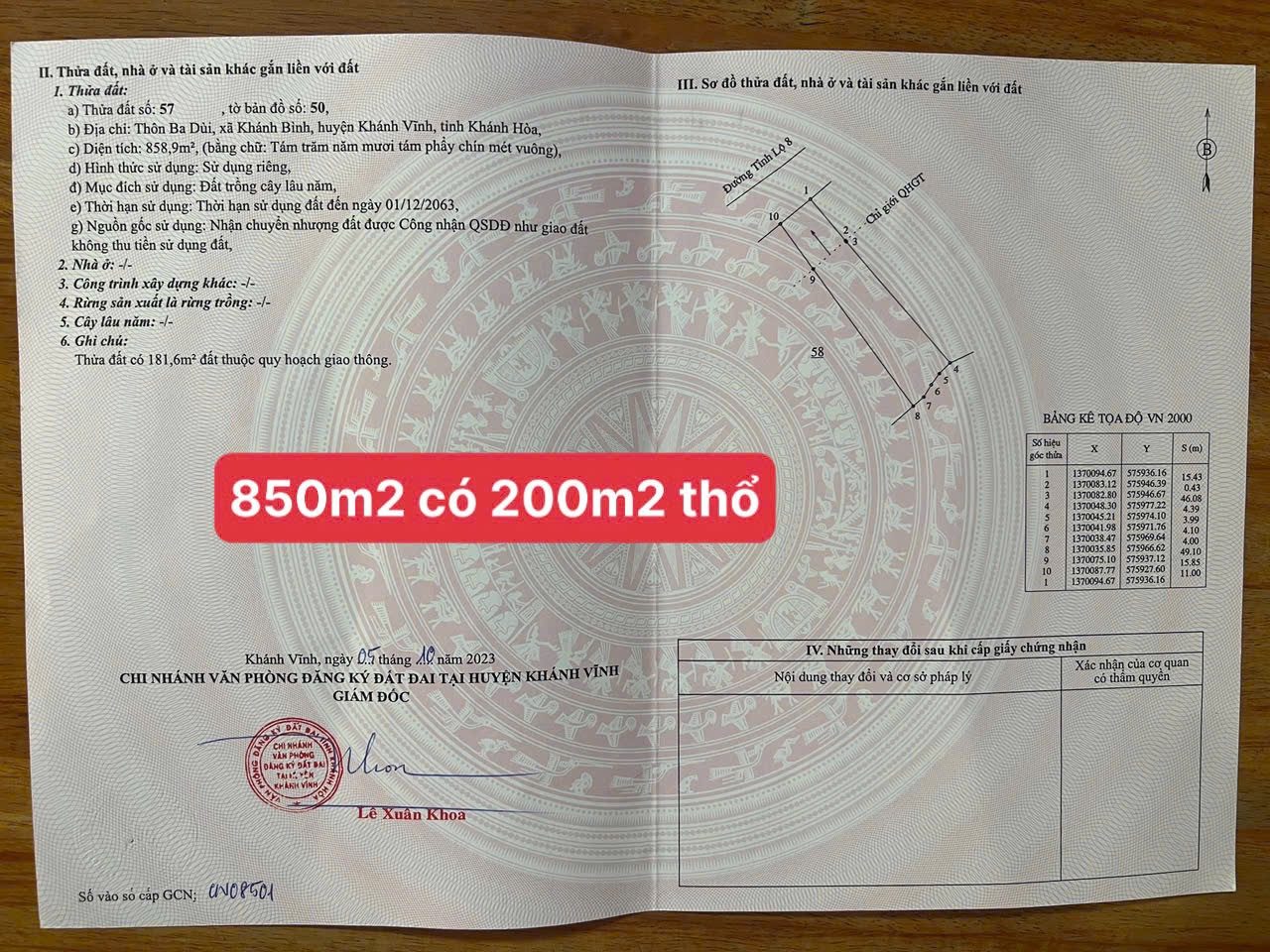 Mở bán 2 lô thổ cư mặt tiền tỉnh lộ 8 Khánh Bình , Khánh Vĩnh -DT 429m2/lô , thổ 100m2/lô . Giá bán 429triệu/lô