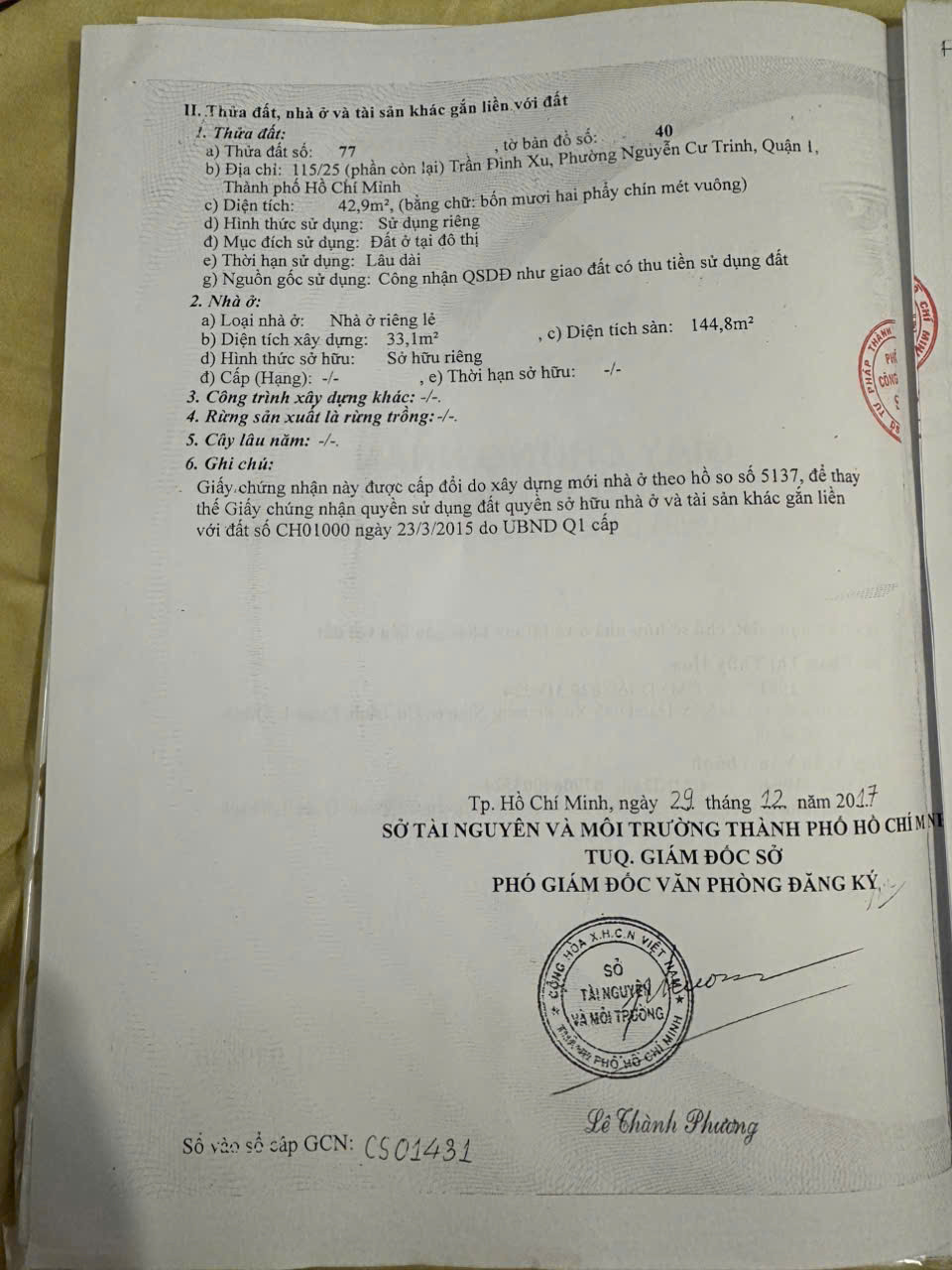 Bán nhà 115/29 Trần Đình Xu, Phường Nguyễn Cư Trinh, Quận 1 – Giá 27 tỷ