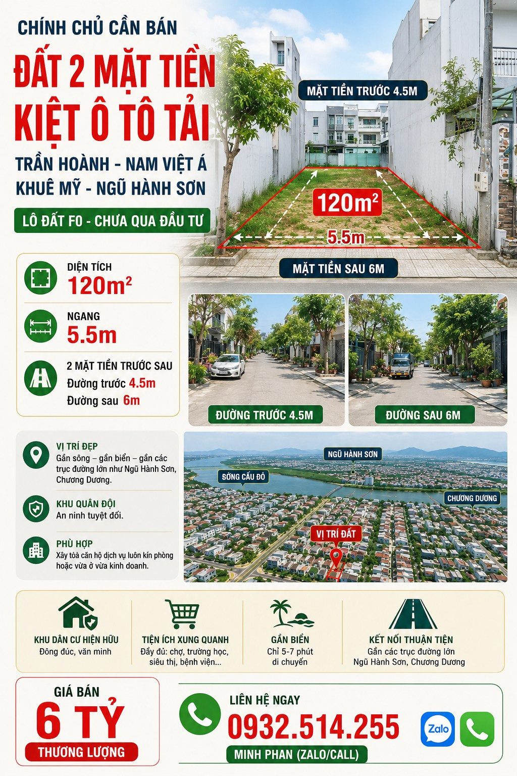 Cần bán Lô đất 2 mặt tiền kiệt  6m - Đường Trần Hoành - Khuê Mỹ - Ngũ Hành Sơn - Diện tích 120m.