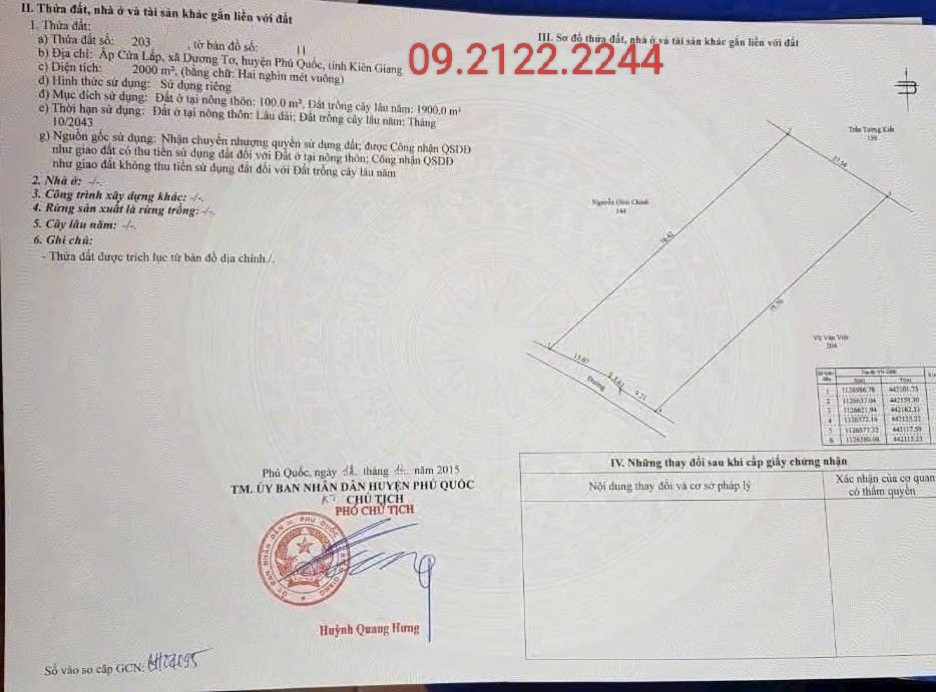 Bán đất 2000m² có sẵn 100m² thổ cư ngang 28m Cửa Lấp giá 40 tỷ tại Đường Trần Hưng Đạo, Đặc khu Phú Quốc