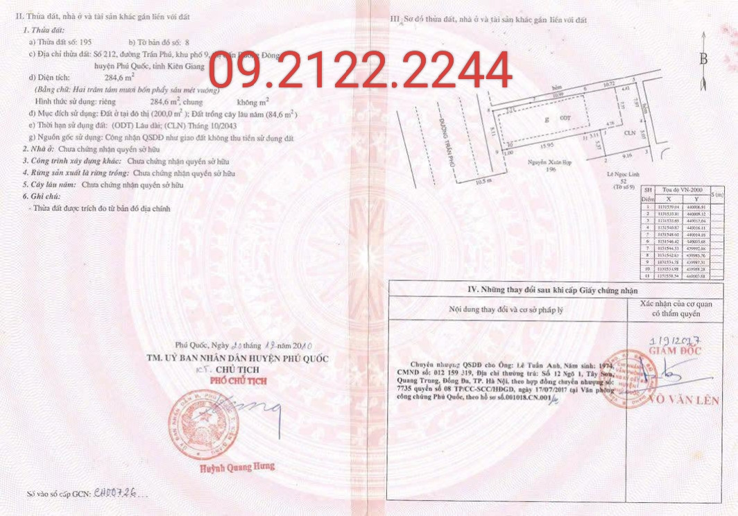 Bán đất 284.7m² Mặt tiền 8,11m Trần Phú Dương Đông giá 20 tỷ Đặc khu Phú Quốc