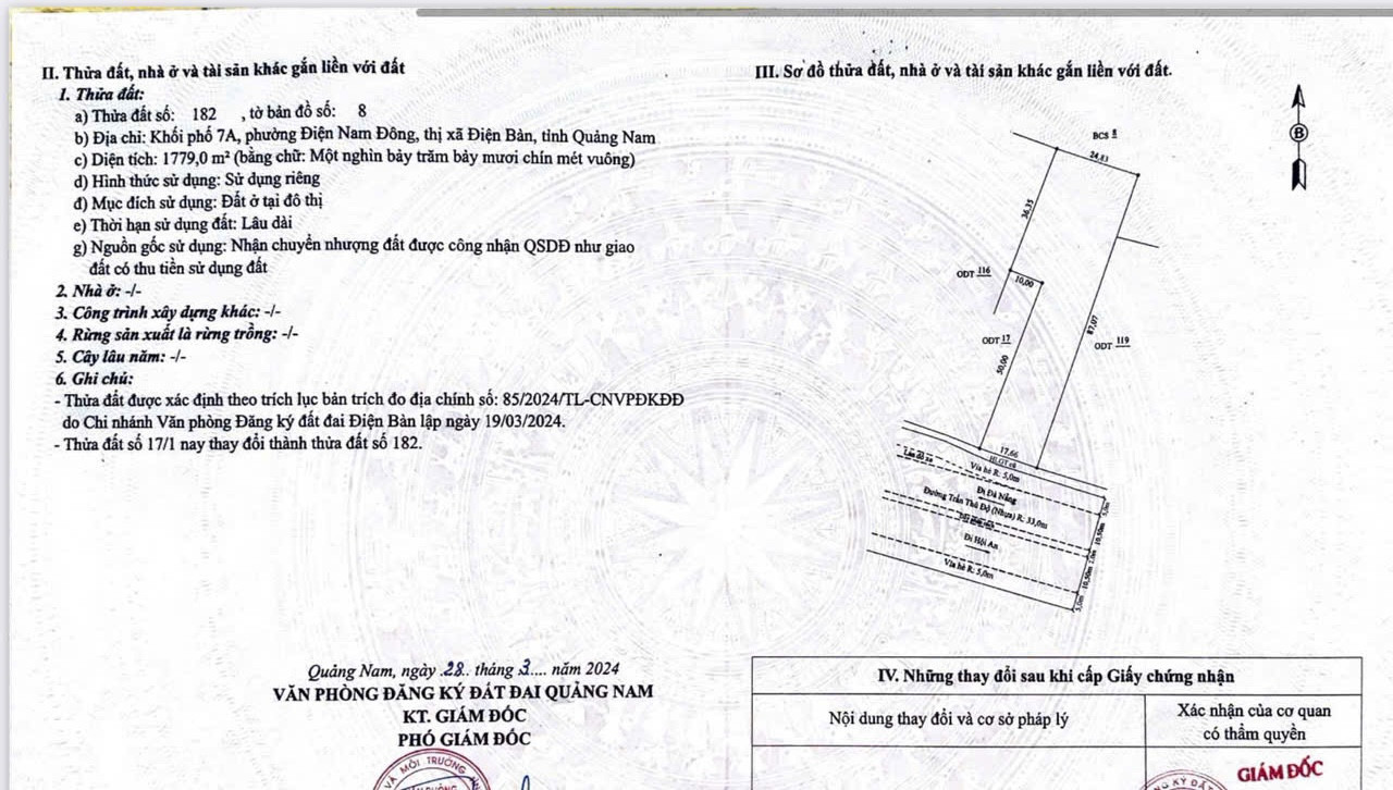 Chính chủ bán nhanh lô đất siêu đẹp 1779m2 mặt tiền Trần Thủ Độ, Điện Bàn