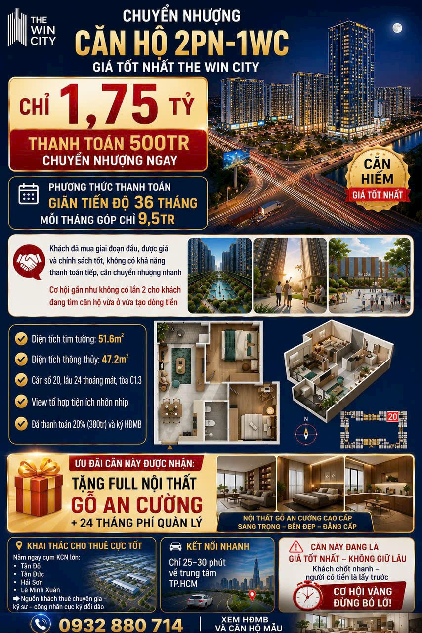 💥CHUYỂN NHƯỢNG CĂN HỘ 2PN-1WC GIÁ TỐT NHẤT THE WIN CITY – Chỉ 1,75TỶ
