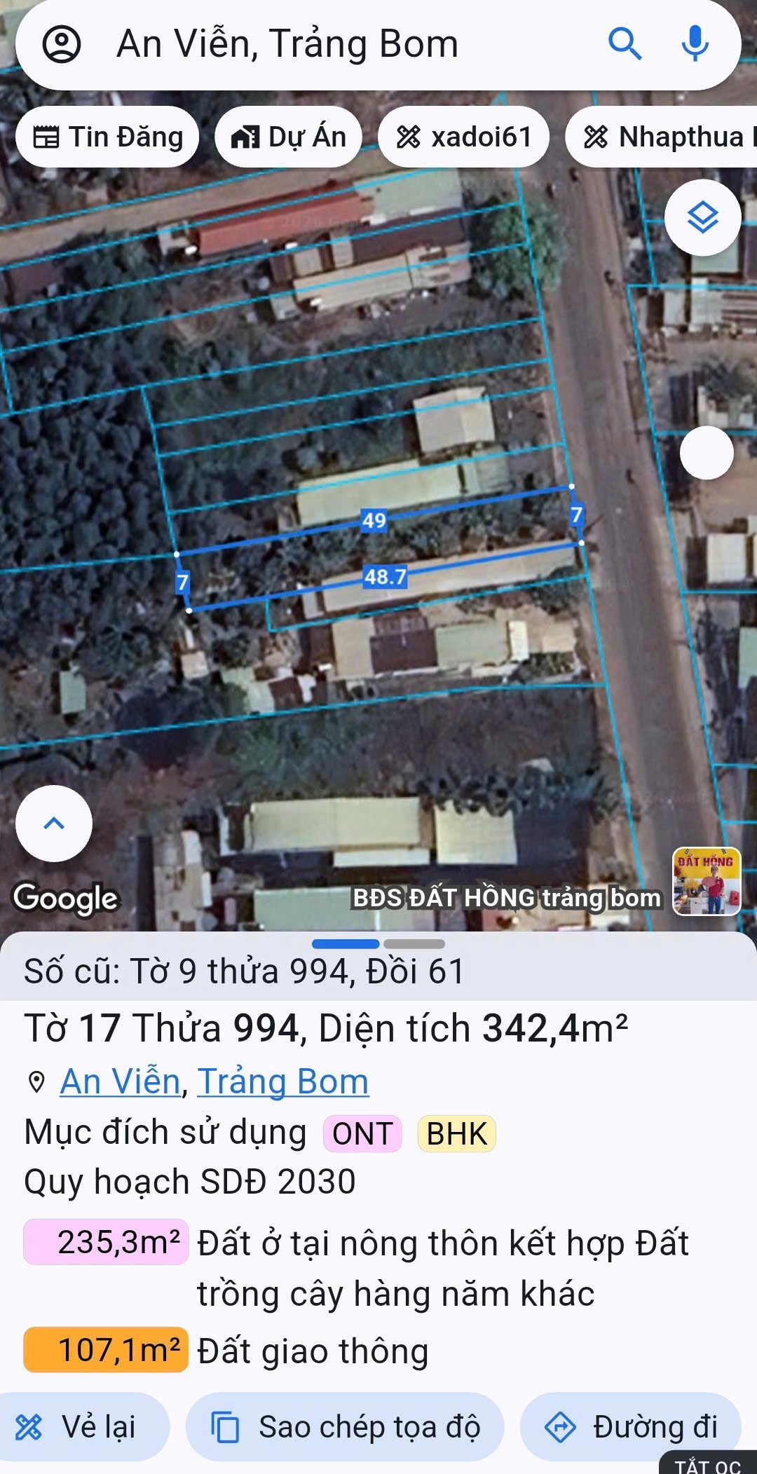 Bán đất mặt tiền đường nhựa Xã Đồi 61 DT342,4m2,sổ riêng thổ cư