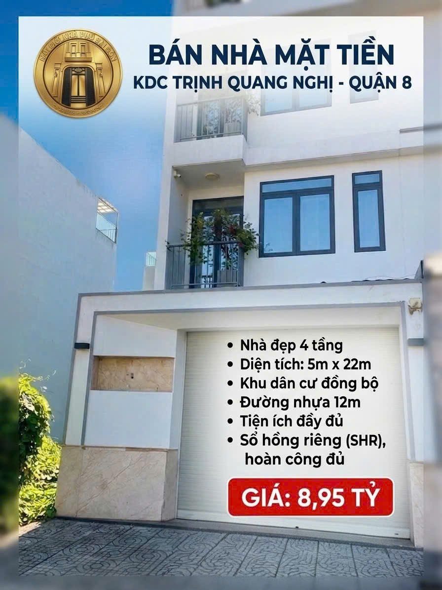 NHÀ ĐẸP 4 TẦNG, MẶT TIỀN KDC TRỊNH QUANG NGHỊ, QUẬN 8, KHU ĐỒNG BỘ, SHR, HOÀN CÔNG ĐỦ.