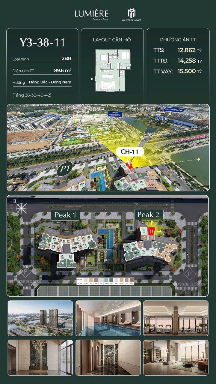 Căn 2 ngủ góc view hồ với ban công Đông Nam - Đông Bắc siêu mát.