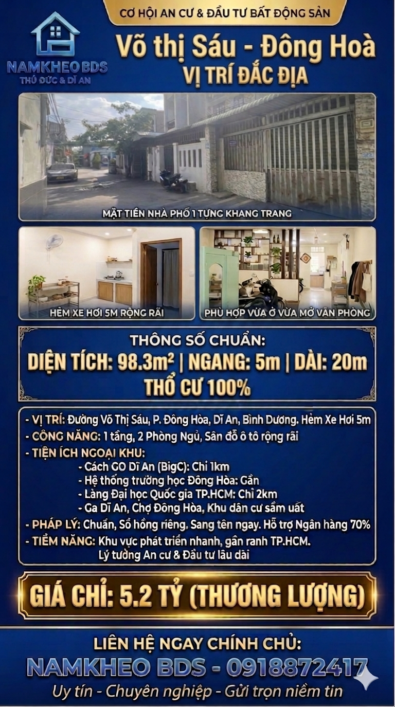 SÂN ĐẬU Ô TÔ - GIÁ HẤP DẪN VÕ THỊ SÁU- ĐÔNG HÒA DĨ AN - 98.3M2 - TRỆT LỬNG - 2PN - 5.2TỶ