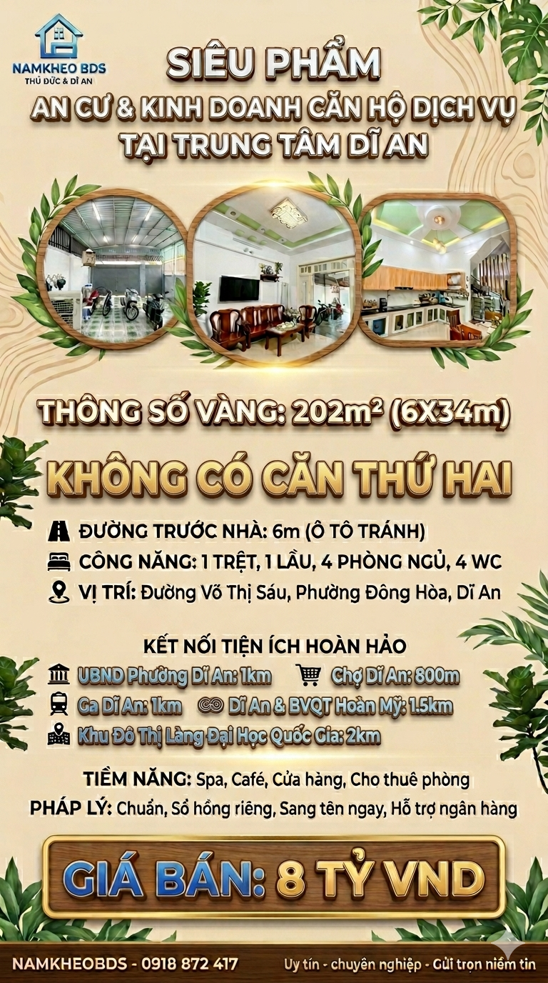 NHÀ ĐẤT SIÊU RỘNG ĐÔNG HOÀ DĨ AN 202M2 NGANG 6M 2 TẦNG 4PN GIÁ 7.7 TỶ TL
