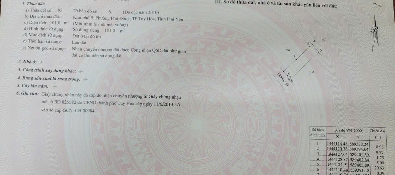 Bán Đất 5x20.  101 m2 thổ cư giá 1.59 tỷ tại Đường Võ Thị Sáu Phường Phú Đông Thành phố Tuy Hoà Phú Yên