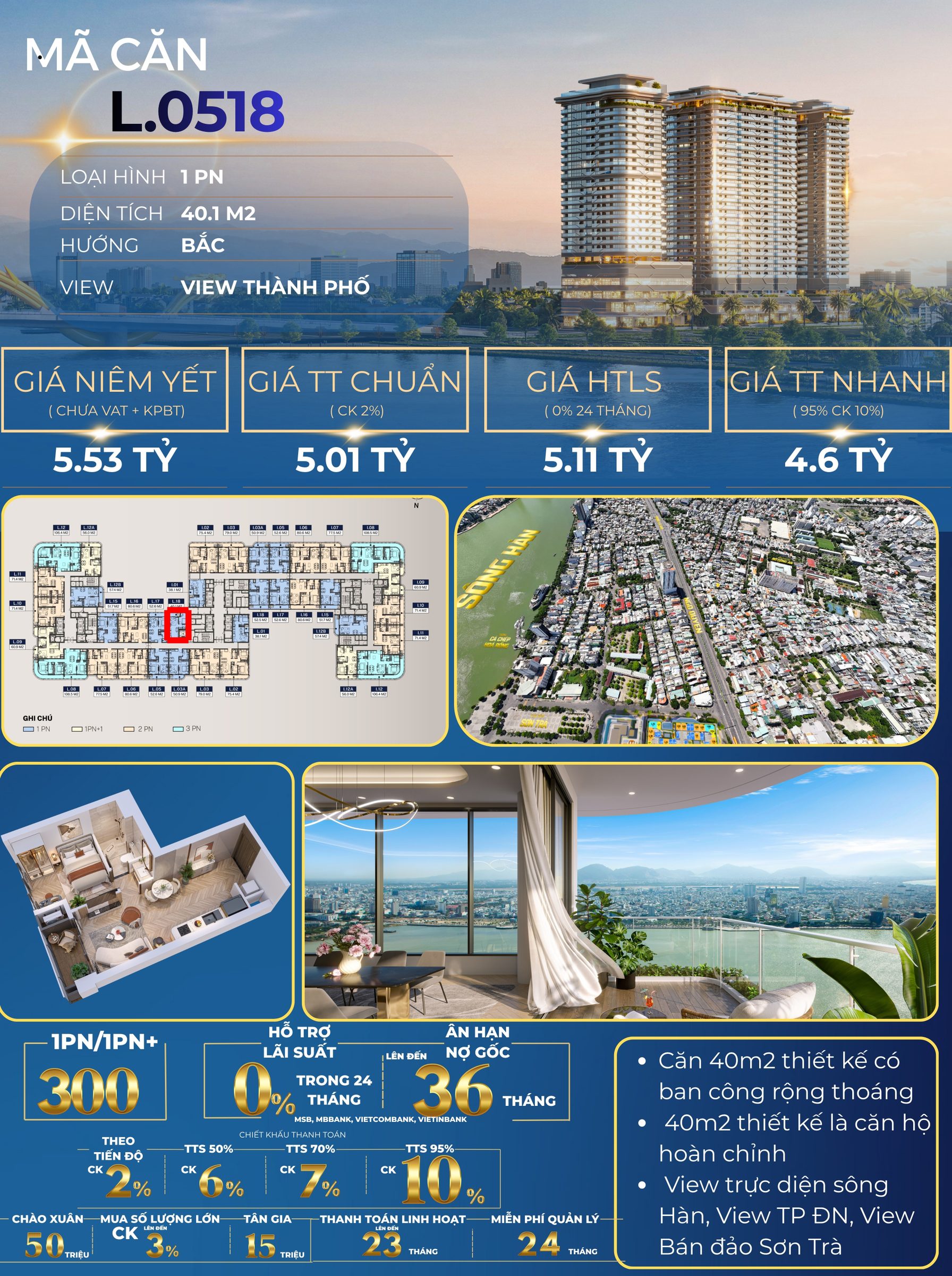 Căn 1PN full nội thất cao cấp thuộc dự án The Legend Danang vị trí siêu đẹp ngay cầu Rồng