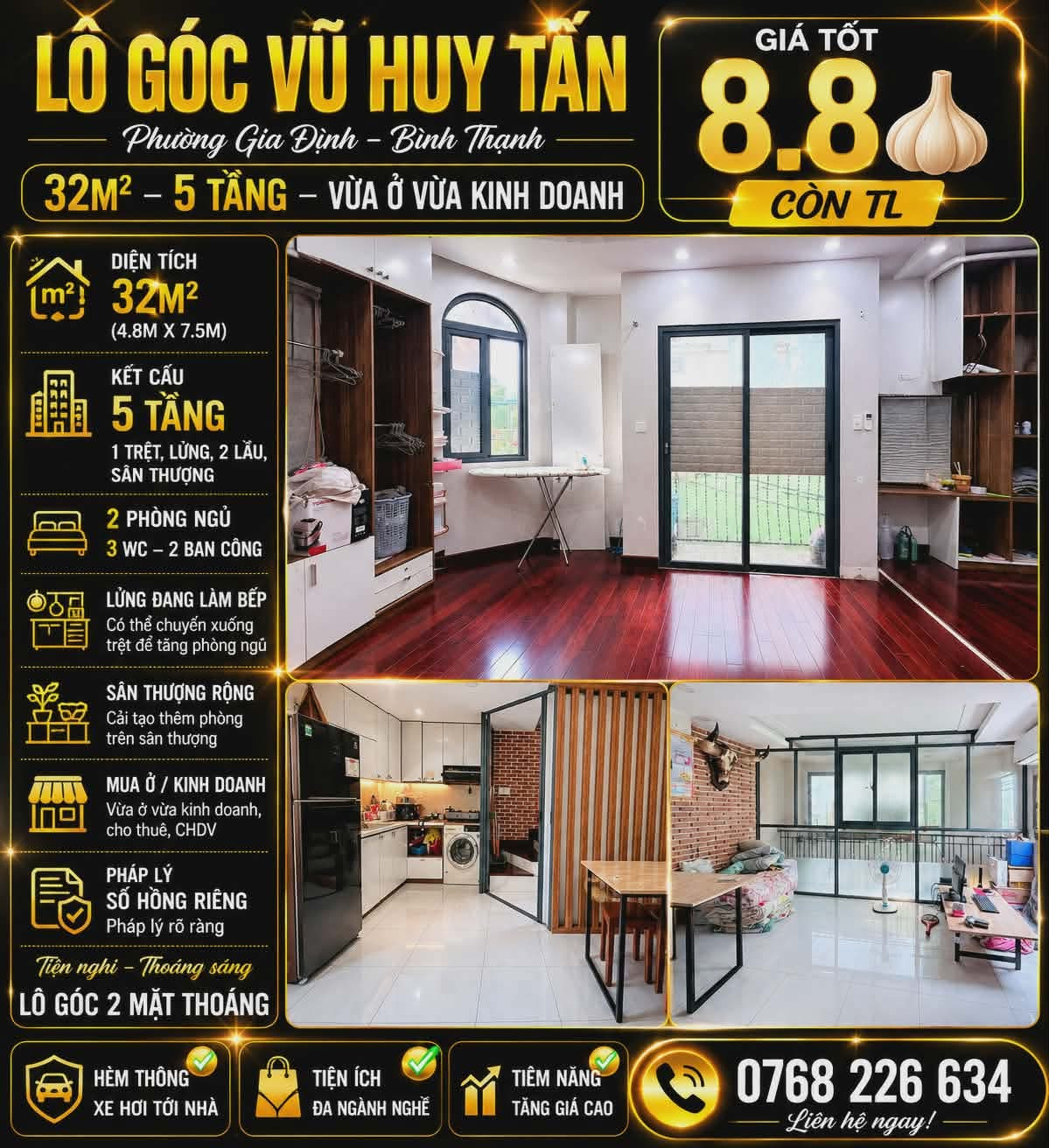 LÔ GÓC VŨ HUY TẤN, PHƯỜNG GIA ĐỊNH, BÌNH THẠNH. 32M². 5 TẦNG. 💰8.8🧄 CÒN TL
💰 8.8🧄 CÒN TL
📱 0768 226 634