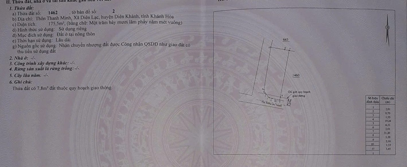 Chính chủ bán đất trong dân đẹp 2 mặt tiền xã Diên Lạc, huyện Diên Khánh, Khánh Hoà.